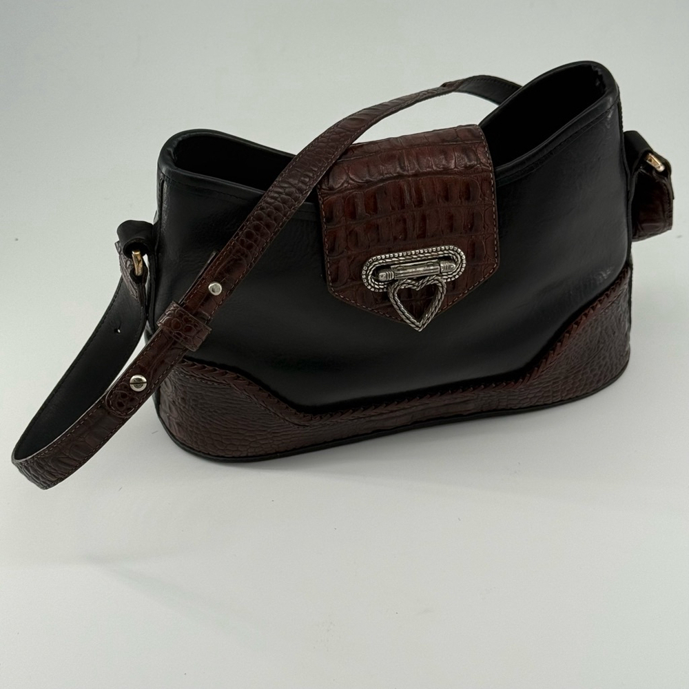 Vintage Style Two-Tone Leather Brighton Collection Shoulder Black & Brown Bag - Picture 3 of 14
